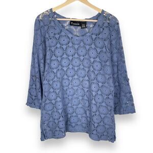 90s VTG Frazzle Top Womens S Blue Crochet Lace Open Knit Pullover Summer Beachy